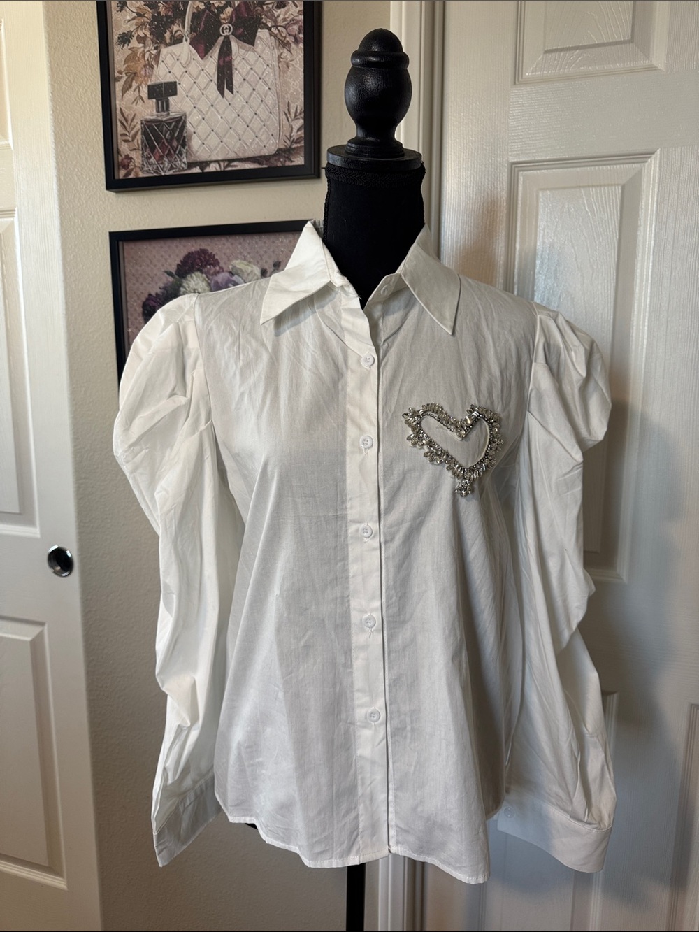 White Puff-Sleeve Button Down Shirt with Rhinestone Heart